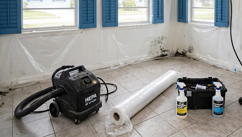 HEPA air scrubber, a roll of plastic sheeting and a tool case with disinfectant spray bottles on a tile floor, ready for mold cleanup