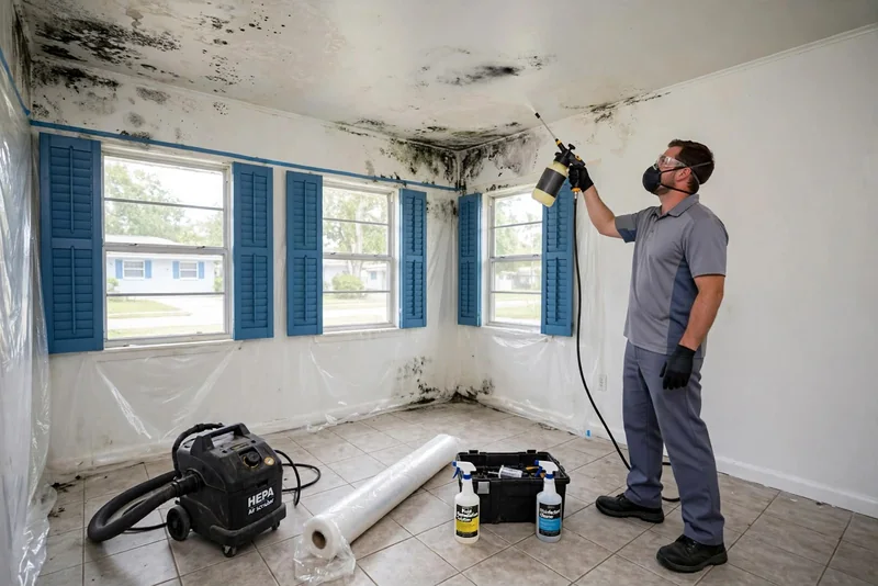 Technician in a respirator, goggles and gloves spraying a mold-stained ceiling corner in an empty room, with plastic sheeting on the walls, a HEPA air scrubber and cleaning supplies on the floor