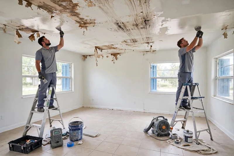 Two technicians on stepladders scraping peeling, water-stained ceiling paint in an empty room, with a moisture meter, an air mover and tools on the tile floor