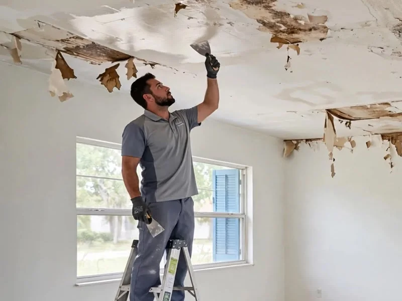 Technician on a stepladder scraping a water-stained, peeling ceiling in an empty room beside a window with blue shutters