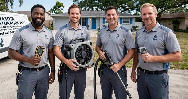 Four technicians in gray work shirts holding a moisture meter, an air mover, an extraction wand and an infrared thermometer in front of a service van