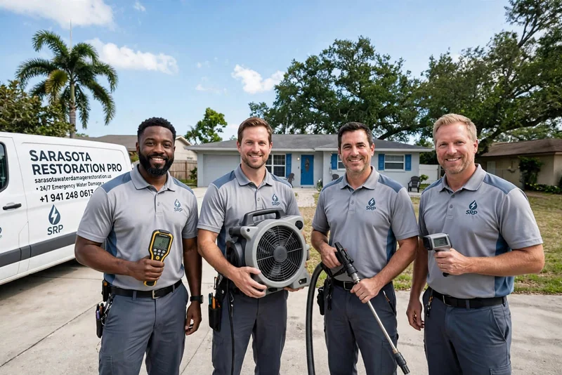 Four technicians in gray polo shirts standing in a driveway in front of a Sarasota Restoration Pro service van and a single-story house, holding a moisture meter, an air mover, an extraction wand and an infrared thermometer