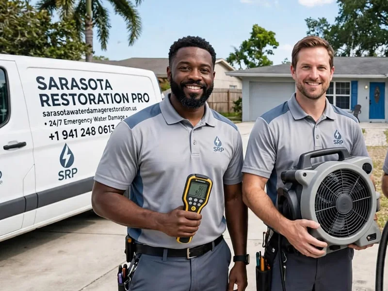 Two technicians in gray polo shirts, one holding a moisture meter and the other an air mover, beside a Sarasota Restoration Pro service van