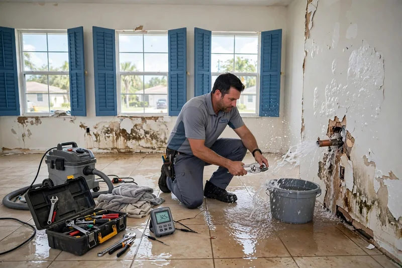 Technician kneeling on a wet tile floor with pliers beside a copper pipe spraying water from a wall with peeling paint, with a bucket, wet-dry vacuum, moisture meter and tool case nearby