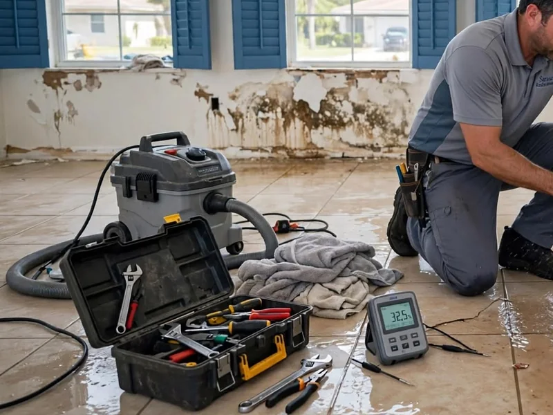 Open tool case, wrenches, a wet-dry vacuum, towels and a moisture meter on a wet tile floor in a room with water-stained walls