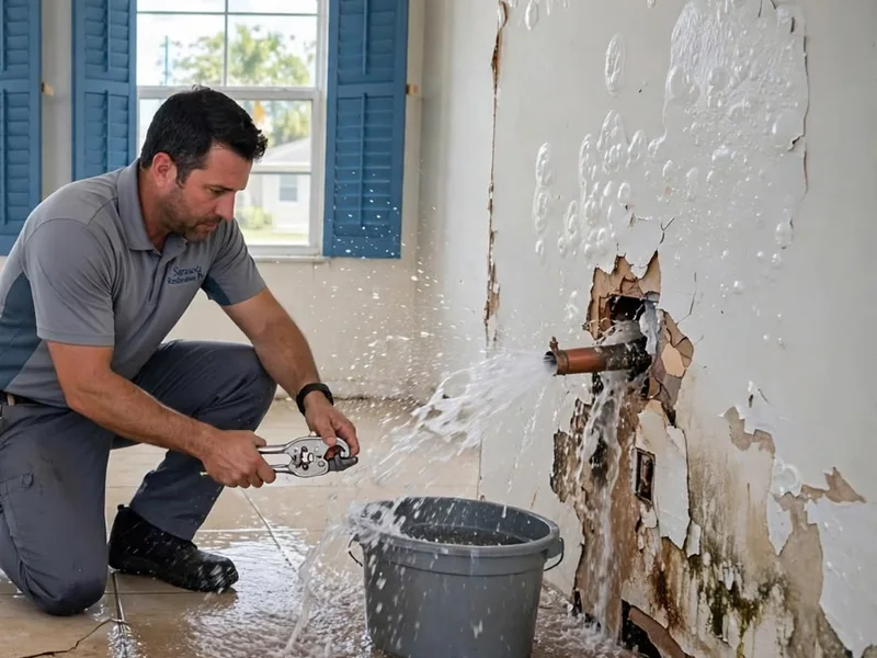 Water spraying from a broken copper pipe in a wall with bubbling, peeling paint into a gray bucket on a wet tile floor, with a technician holding pliers beside it