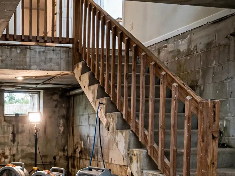 Wooden staircase in a stained concrete lower level, with two air movers, a dehumidifier and a work light