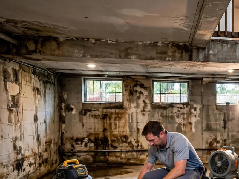 Stained concrete block walls with small windows in a lower level, where a technician pumps water from the floor