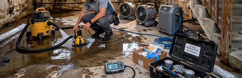 Submersible pump and a yellow wet-dry vacuum clearing shallow water from a concrete floor, with a moisture meter and an open tool case beside them